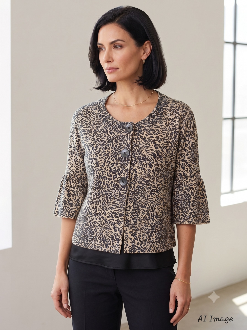 Karen Kane Black and Cream Leopard Print Cardigan